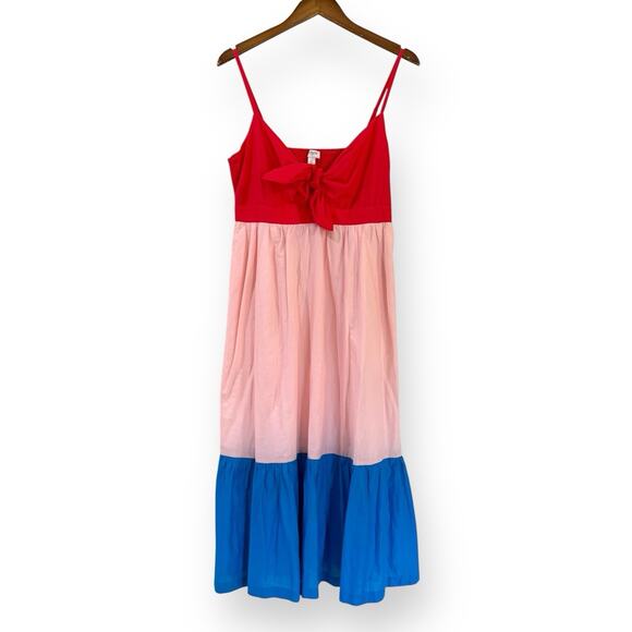 J. Crew Colorblock Tie Front Cut Out Tiered Maxi Dress Womens 10 Red Pink Blue - Picture 3 of 15